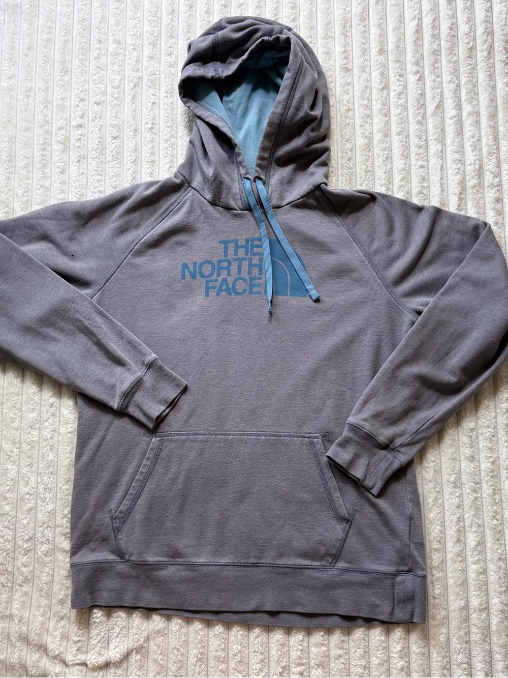 The North Face Fleece Pullover Hoodie Gray Blue womens Size M Hooded Pocket Logo